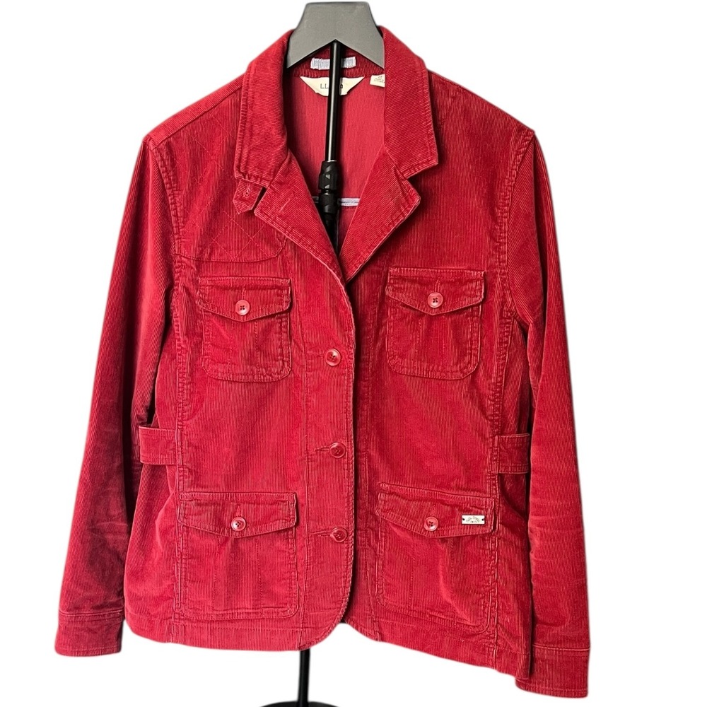 L.L.Bean Red‎ Corduroy Utility Jacket Women's Medium Button Front Elbow Patch